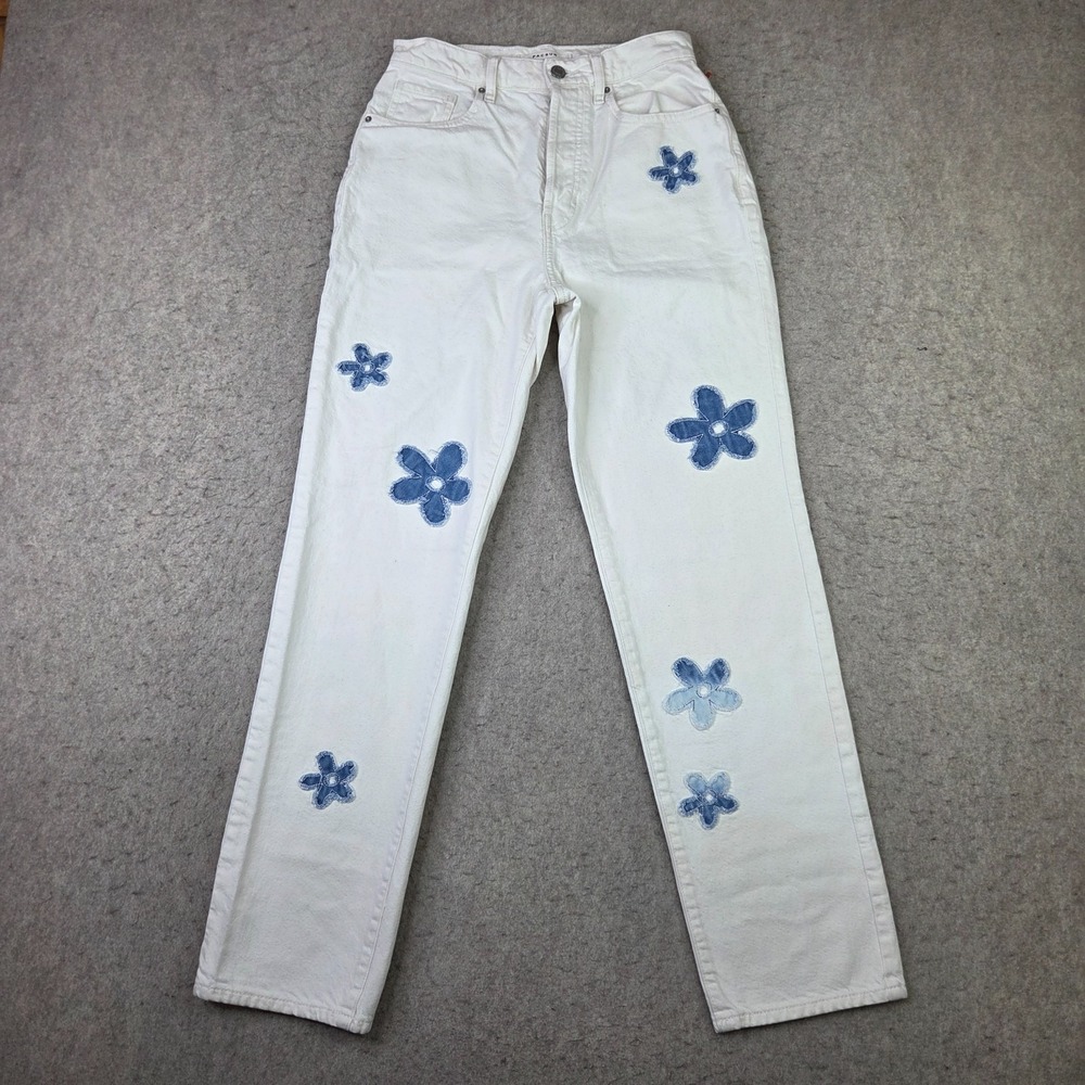 Pacsun White Denim Jeans Womens 26x28 Flower Patches Button Fly Straight Leg